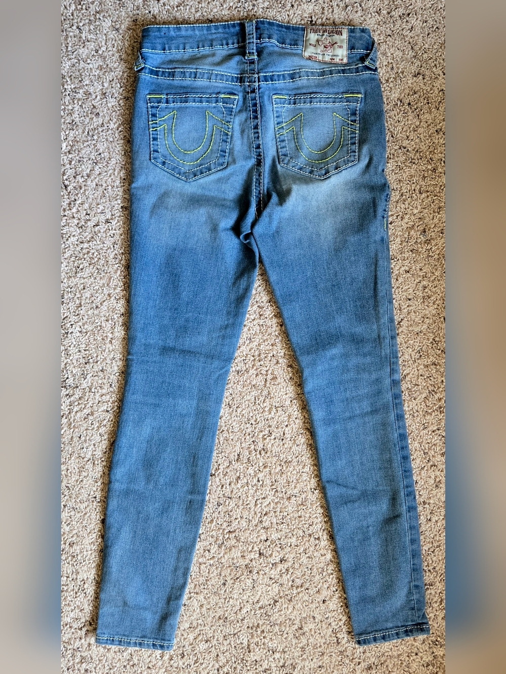 True Religion Jennie Curvy Low Rise Super Skinny Jeans Size 26 Neon Stitch Y2K